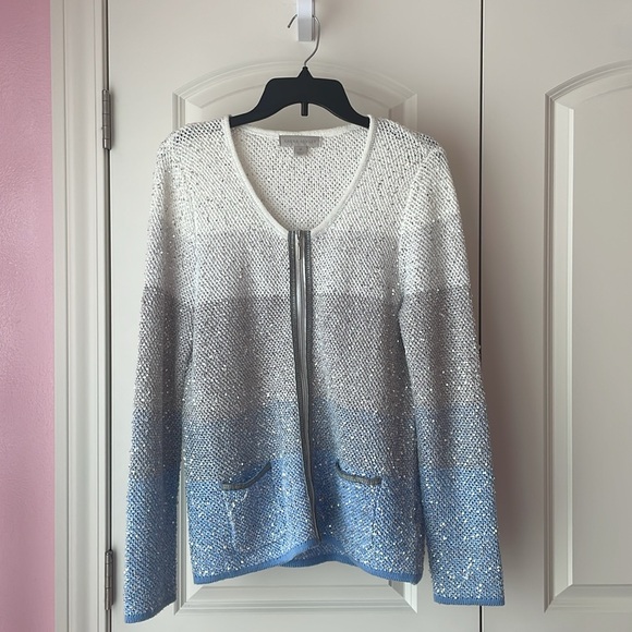 Laura Ashley Sweaters - Laura Ashley Blue & Silver Sparkly Zip Up Cardigan
